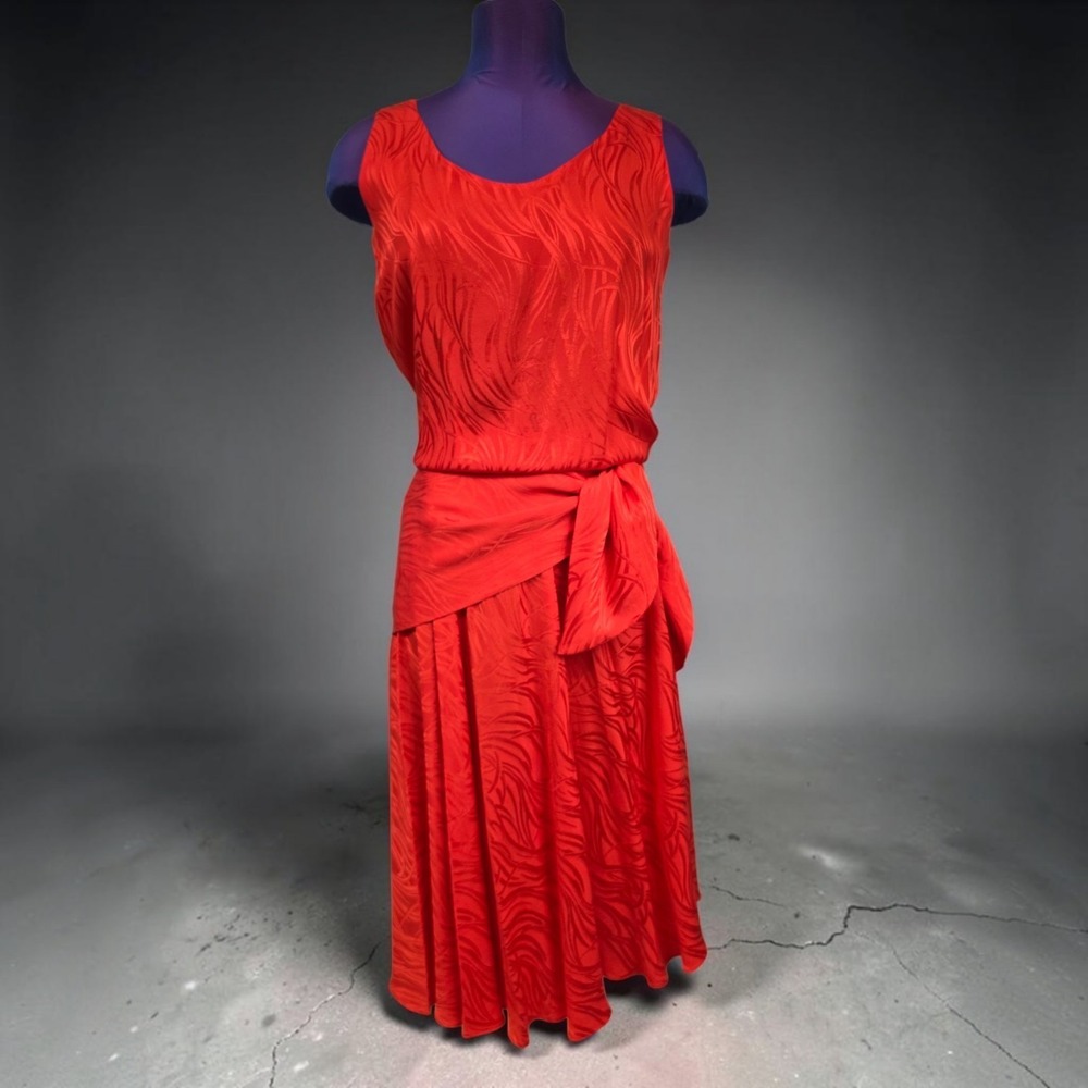 Michelle Stuart Vintage Orange Silk Jacquard Drop Waist Midi Dress Size 6